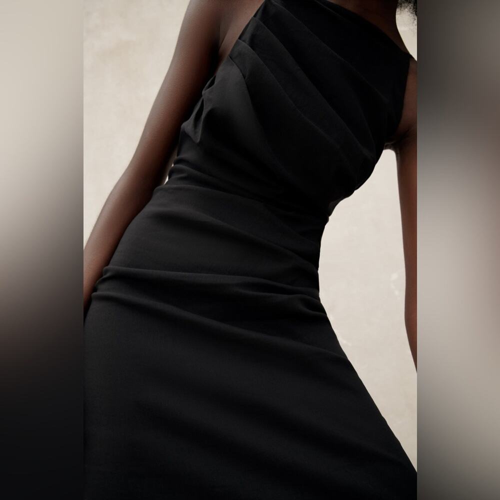 NWT Zara Black Draped Detail High Neck Midi Dress Size XL